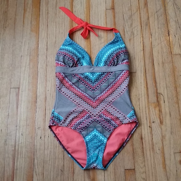 Prana One Piece Swimsuit Orange and Aqua Design - Picture 9 of 11